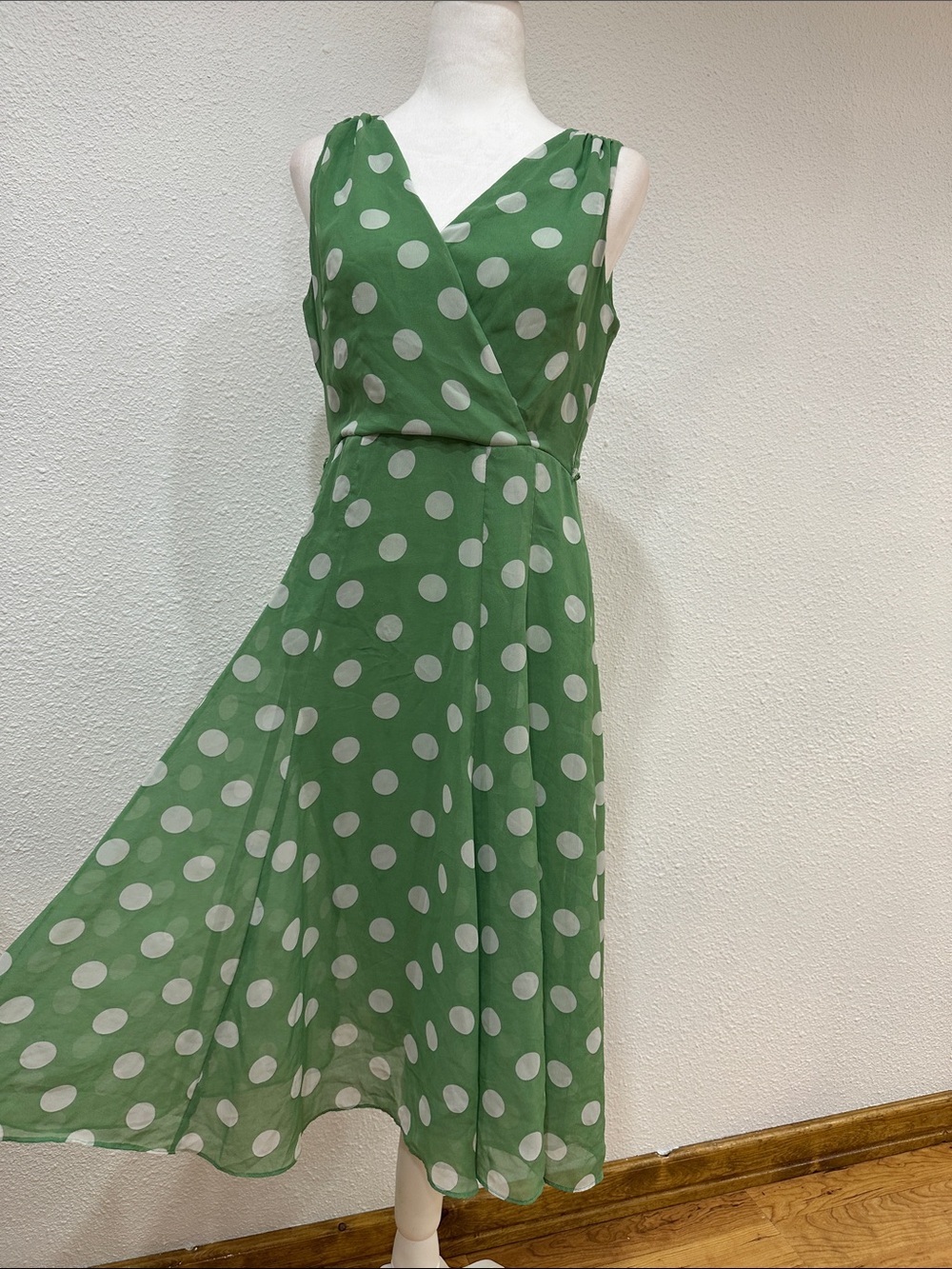 Danny & Nicole Green White Polka Dot Wrap-Style Midi Dress